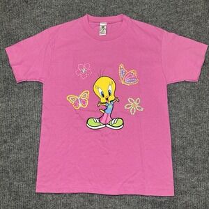 VTG 90s T-Shirt Tweety Bird Acme Youth Medium Looney Tunes Warner Bros 1997 Pink